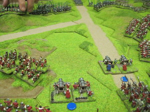 Yorkist heavy cannon and longbows ready to receive the Tudor heavy cavalry charge