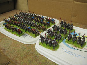 Flocked cavalry bases left to dry in a warm place.