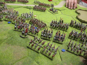 The deciding hand to hand confrontation as the Lancastrians charge over the 8-hex hill to take the centre of the field.