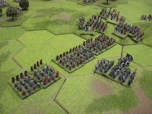 The French crossbow form a line behind their pavisses