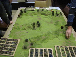 The terrain layout had an open central area on the French side with a wood and escarpment in the middle of the English deployment zone.