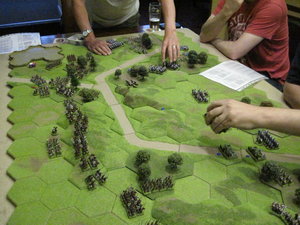 Opening moves saw the Korean cavalry spread across the full width of the table while the Samurai held a central position on the reverse slope of an 8 hex hill.