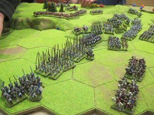 The Lancastrians advance and the Yorkists pivot back away from the escarpment