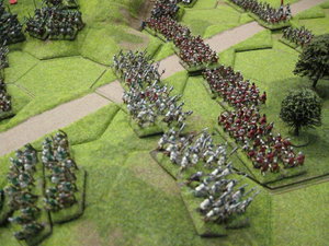 The Tudor billmen attack the line of the Yorkist longbow.