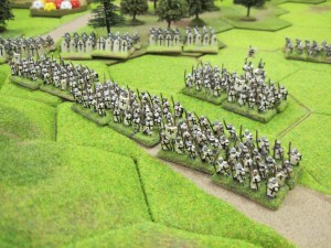 Tuetonic order spearmen line up along the road to confront the Yorkist cavalry