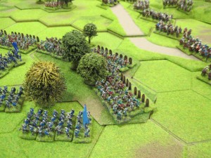 French crossbows take possession of the 4-hex woodland on the extreme right as a bastion against the Ottoman cavalry bow fire.