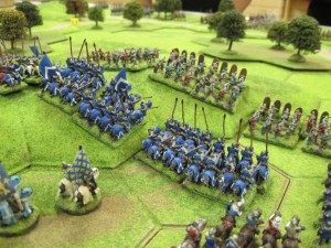 Tony and I deploy the French. Crossbows at the front and Mounted men at arms behind