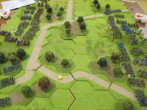 The terrain between the armies was flat without any major hills, but with roads for fast movement and a scattering of small areas of woodland.