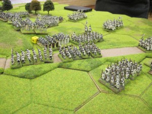 Teutonic army advances along the road and atop the 8-hex hill