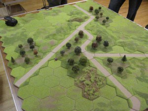 With plenty of forest hexes and a 4-hex area of broken ground this terrain layout was quite friendly to the Hungarian cause.