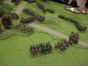 Mongol light cavalry sweep around the Hungarian right flank