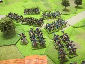 Normans move quickly along the road against the extreme left of the Saxon line.