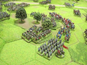 The Norman infantry and cavalry assault on the wood beaks the Saxon line.