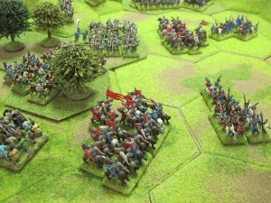 Norman cavalry make their final charge against the Saxon infantry occupying the woodland hexes and are repulsed.