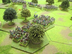 The Saxons hold on to the central woodlands limiting the movements of the remaining Norman cavalry