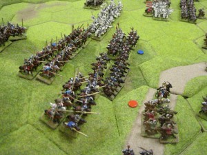 Mongol cavalry losses mount as the Hungarian cavalry charge is initially devastating.