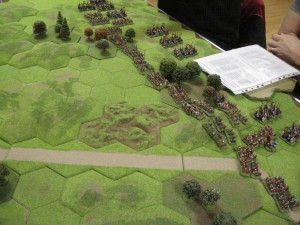 The Yorkist army slowly advances with a line of longbow stretching to the table edge