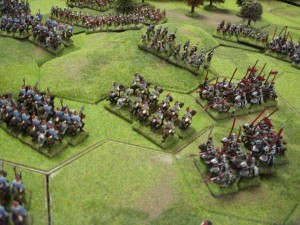 The Yorkist heavy cavlary are repulsed in the centre of the field.