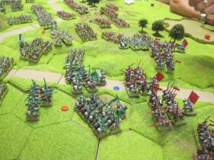 The Yorkist heavy cavalry force back the Tudor cavalry causing disruption