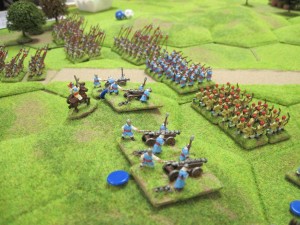 Korean spearmen and handgunners advance either side of the road.