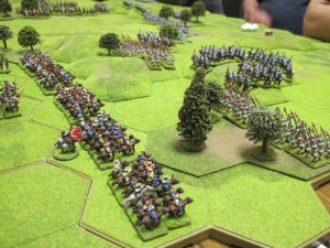 The Korean spearmen occupy the woodland and small hill, leaving a gap for the heavy cavalry to charge through.