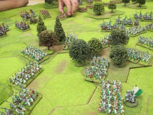 The Tudor infantry occupy the woodland on the left of the table to face the Yorkist cavalry.