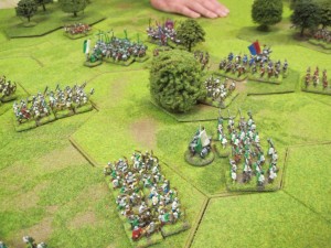 The Tudor infantry attack the Yorkist line but make slow progress against stubborn opposition