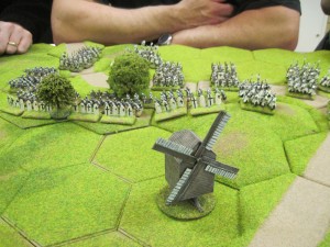 The Teutonic infantry in the centre form a shooting line behind the pavisses