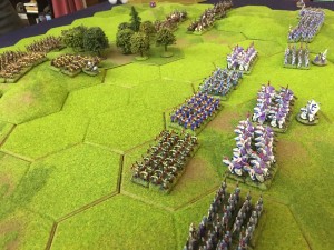 The High Elves advance towards the hill and woodland